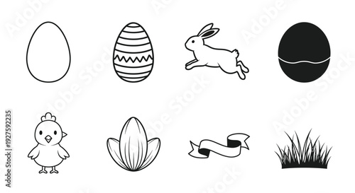 Set of eight simple line icons depicting Easter themes such as eggs, a running rabbit, and a small.