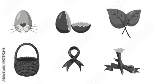 Six monochrome icons representing holiday themes including a basket, ribbon, and animal face are.