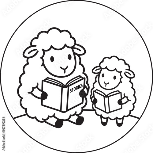 Cute sheep reading stories book illustration, adorable lamb cartoon black white coloring page round frame design