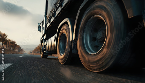Authentic shot of spinning tires of semi trailer truck driving along a countryside road, closeup shot