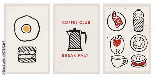 Minimalist breakfast and coffee themed illustrations in a triptych format