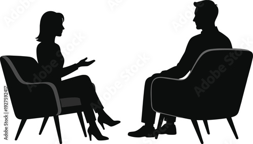 Black silhouette of woman and man sitting in chairs talking