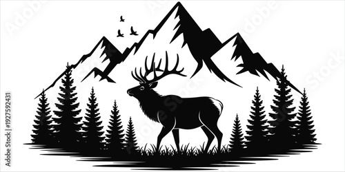 Majestic Elk Silhouette Against Mountain Peaks and Pine Forest Landscape deer stag