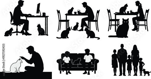Black silhouette of people and their pets black silhouettes cats dogs home