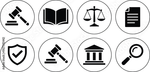 Collection of Legal and Justice Icons within Circular Borders gavel book
