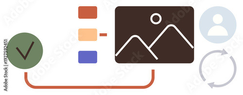 Content creation, project management, teamwork, data synchronization, image editing, digital design. Graphic showing image editing with user and sync icons. Content creation and project management