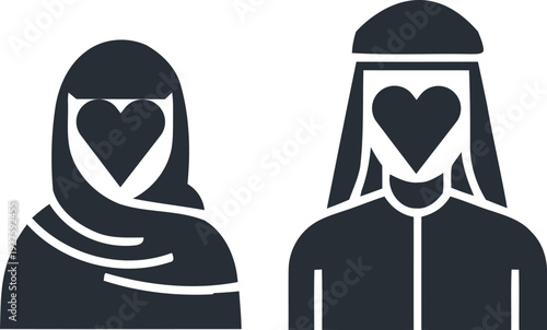 Minimalist Silhouette of a Muslim Couple with Heart-Shaped Faces Representing Love and Unity Art & Illustration