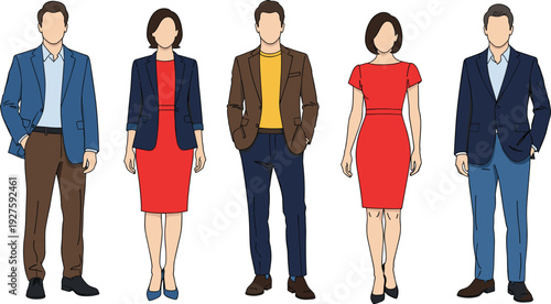Diverse faceless people in stylish business casual outfits, colorful blazers dresses jackets trousers, modern professional fashion, blank faces flat vector illustration standing.
