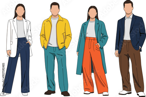 Diverse faceless people in trendy colorful outfits, blazers wide leg pants jackets coats, casual modern fashion, blank faces flat vector illustration standing.