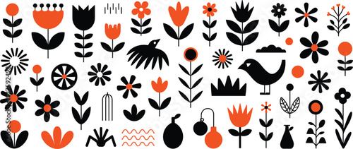 Mid-century modern style floral and bird pattern with orange and black elements mid century modern retro