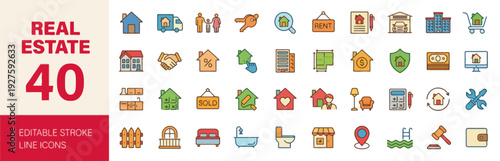 Collection of Real Estate Icons Representing Various Properties and Services