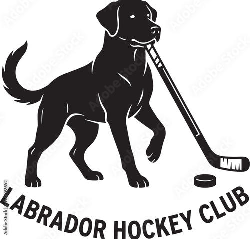 Labrador hockey club logo design, black silhouette dog holding stick with puck sports team mascot vector