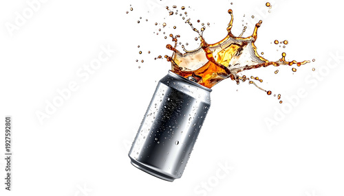 A partially opened, metallic can spews a fizzy dark liquid outward on a black background