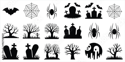 Halloween themed black silhouette icons including bats spiders graves and trees Keywords: halloween, spooky, scary, creepy