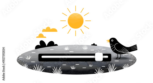 Conceptual illustration of a user interface slider controlling the transition from night to day, featuring a sun and a blackbird.