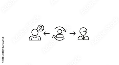 Communication between people icons with arrows and speech bubble.