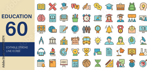 Collection of education-themed icons in various colors and styles presented in a grid layout