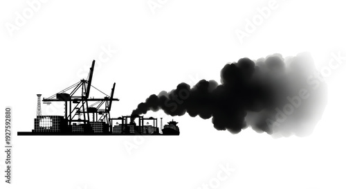 Silhouette of an industrial cargo port with heavy black smoke emissions from a factory chimney