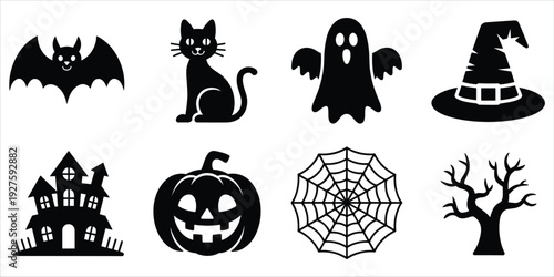 Halloween icons including bat cat ghost witch hat pumpkin spider web and tree Keywords: Halloween, icons, bat, cat, ghost, witch