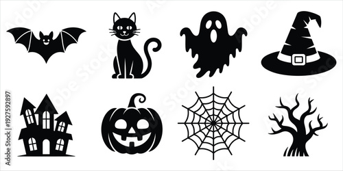 Halloween icons including bat cat ghost witch hat haunted house pumpkin spider web Keywords: Halloween, icon, silhouette, bat