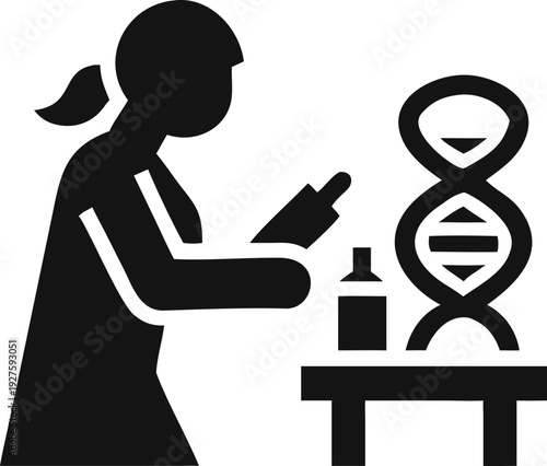 Dedicated female lab worker performing an intricate scientific experiment on a DNA model with laboratory equipment