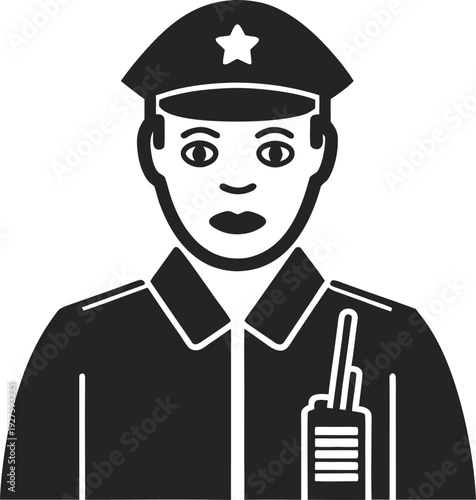 Dedicated policeman icon actively communicating with a walkie talkie during important official duty