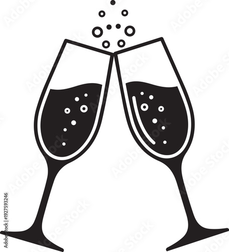 Two champagne glasses clinking together with bubbles isolated on transparent background, Vector