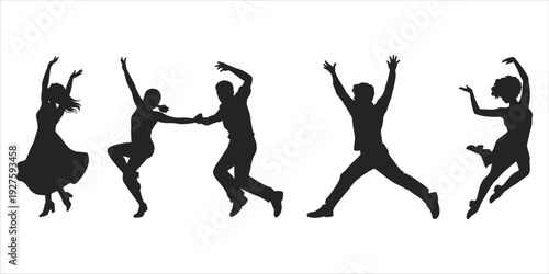 Diverse group of dancers in dynamic poses on white background Keywords: dance, dancer, silhouette, jumping, leaping, movement