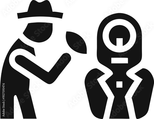 Detective or investigator examines a suspicious person or mannequin figure with scrutiny