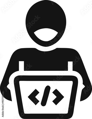 Developer or programmer working on a laptop with code symbols visible