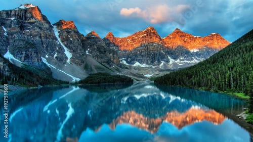 Cinematic Smooth Aerial Drone Flight over Moraine Lake at Sunrise, Banff National Park, Canada