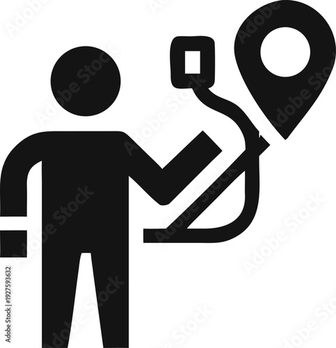 Digital person holding a mobile device connected to a map pin for precise location tracking