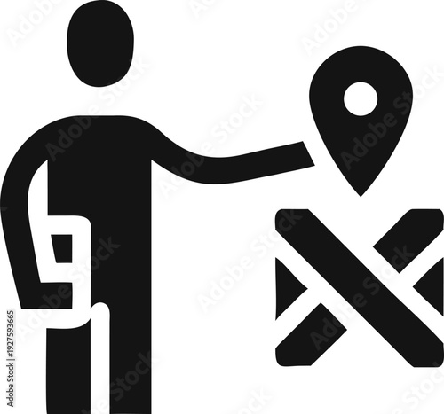 Digital person holding a smartphone interacting with a map pin for route planning and navigation