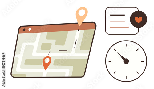 Navigation, travel, time tracking, communication, location services, efficiency. A digital map with location pins, a clock and a messaging icon. Navigation and time tracking concept