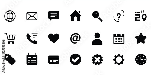 Diverse Set of Black Solid Icons for Digital Interfaces and Applications globe mail
