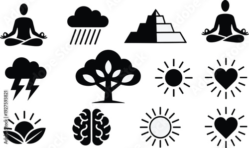 Black of people meditating and nature symbols meditation sitting yoga raincloud