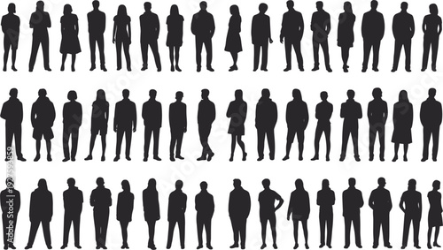 Diverse collection of human silhouettes in various poses and genders Keywords: silhouette, people, men, women, children
