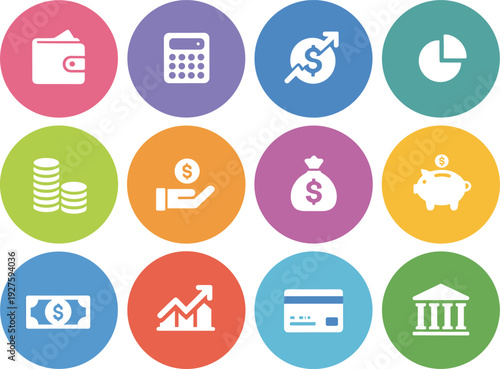 Financial and Business Icons in Colorful Circles on White Background finance money