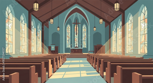 Interior of a serene church with wooden pews and stained glass windows bathed in warm sunlight