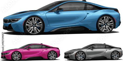 BMW i8 Sports Car in Blue, Pink, and Silver Color Variations on White Background