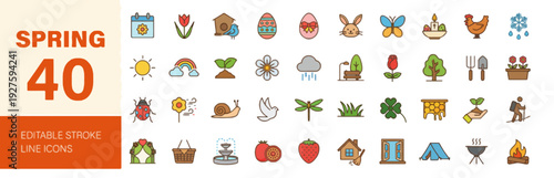 Spring season icons collection featuring flowers, trees, animals, and gardening tools in a vibrant illustration style