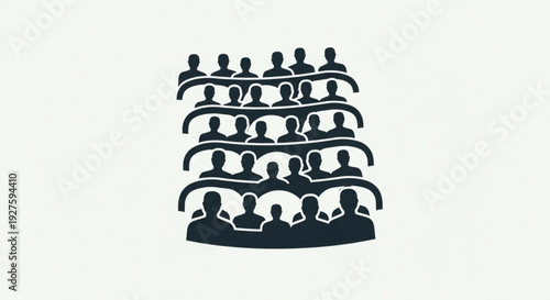 Black silhouette of a large group of people stacked in rows communicating and interacting in a conceptual teamwork or community setting with a plain background