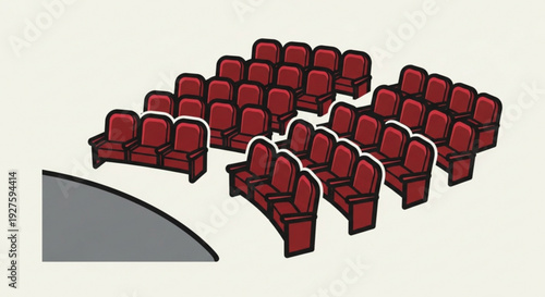 Theater seats arranged in rows facing a gray stage empty red chairs in a cinema or auditorium setting with a curved screen