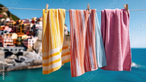 Colorful towels drying on a clothesline with a coastal village in the background.