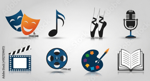 Creative arts and entertainment icons set including theater masks music note ballet shoes microphone film strip movie reel artist palette and book on gray background