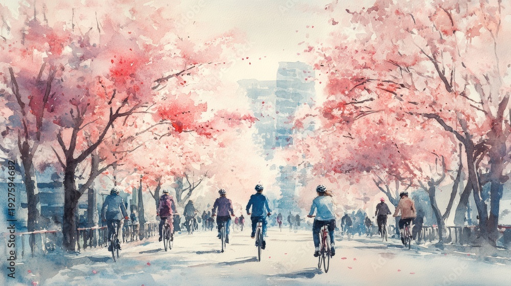 Obraz premium Watercolor of People in city with Cherry blossom blooming flower,Sakura tree or forest side view,Cherry tree spring flower background,elements for environment and garden,botanical in spring season.