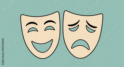 Theatrical comedy and tragedy masks on teal background symbolizing drama and emotions in acting and performance