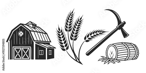 Tableau sur toile Agricultural scene with barn, wheat, hay bale, and farming tools Vector