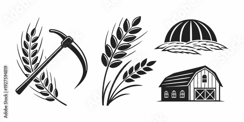Tableau sur toile Agricultural scene featuring a barn, wheat, and a crescent moon symbol