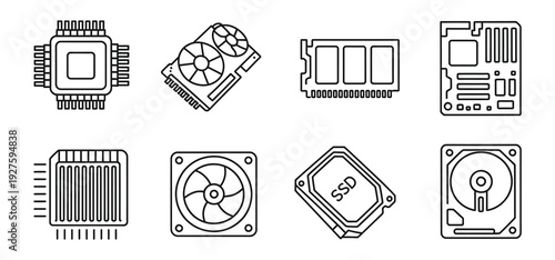 computer components line icons set, cpu motherboard ram gpu power supply storage drive and cooling fan outline vector collection.